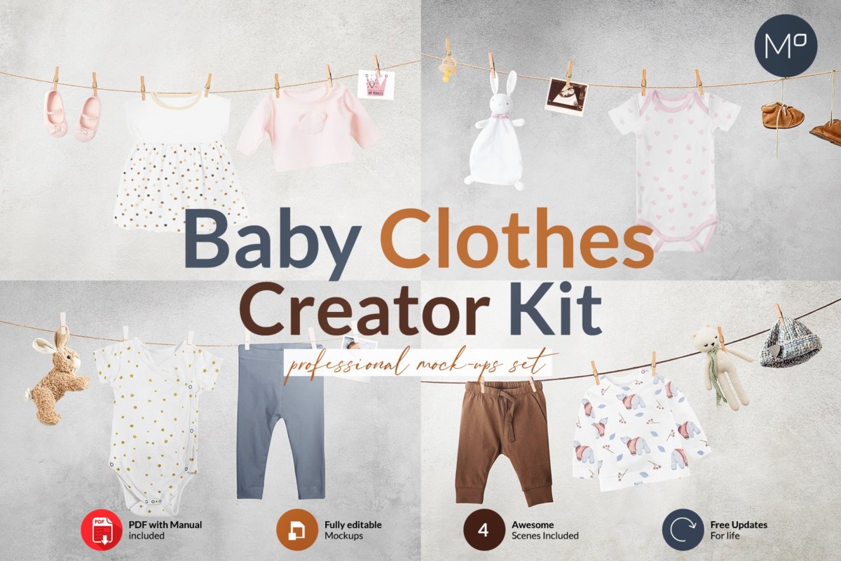 时尚婴儿连衣服装印花图案设计贴图样机 Baby Clothes Creator Kit Mock-ups插图
