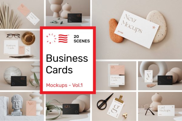 20个时尚商务名片卡片Logo设计贴图场景样机模板 Business Card Mockups Vol.1