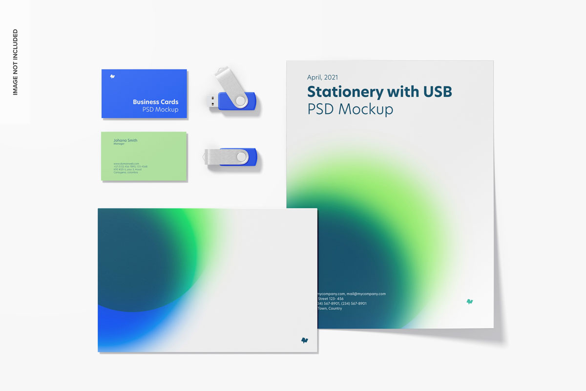 时尚品牌VI设计办公吊牌信纸优盘贴图样机模板 Stationery With Usb Flash Drives Mockup插图6
