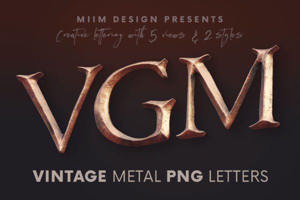 复古3D金属创意字母PNG透明图片设计素材 Vintage Metallic – 3D Lettering