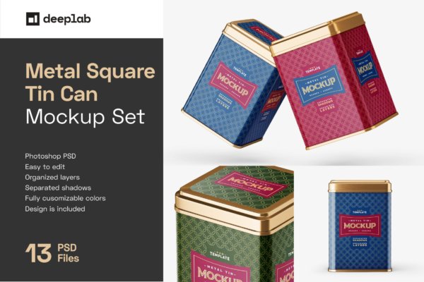 13款时尚方形食品茶叶金属锡罐设计PS贴图样机模板 Square Tin Can Mockup Set