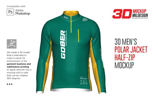 3D男士骑行服装印花图案设计贴图样机模板 3DMens Polar Jacket Half-zip Mockup