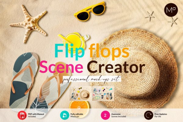 沙滩场景人字拖鞋印花设计演示样机素材 Flip Flops Scenes Creator Mock-ups