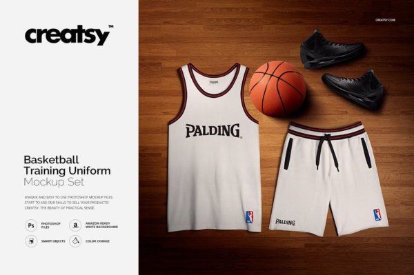 简约篮球训练制服队服印花图案样机 Basketball Training Uniform Mockup