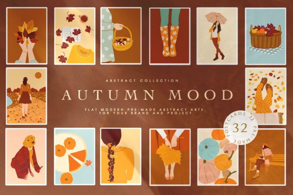 现代时尚抽象秋天元素女孩南瓜树叶矢量插画设计素材 Abstract Autumn Mood Illustrations