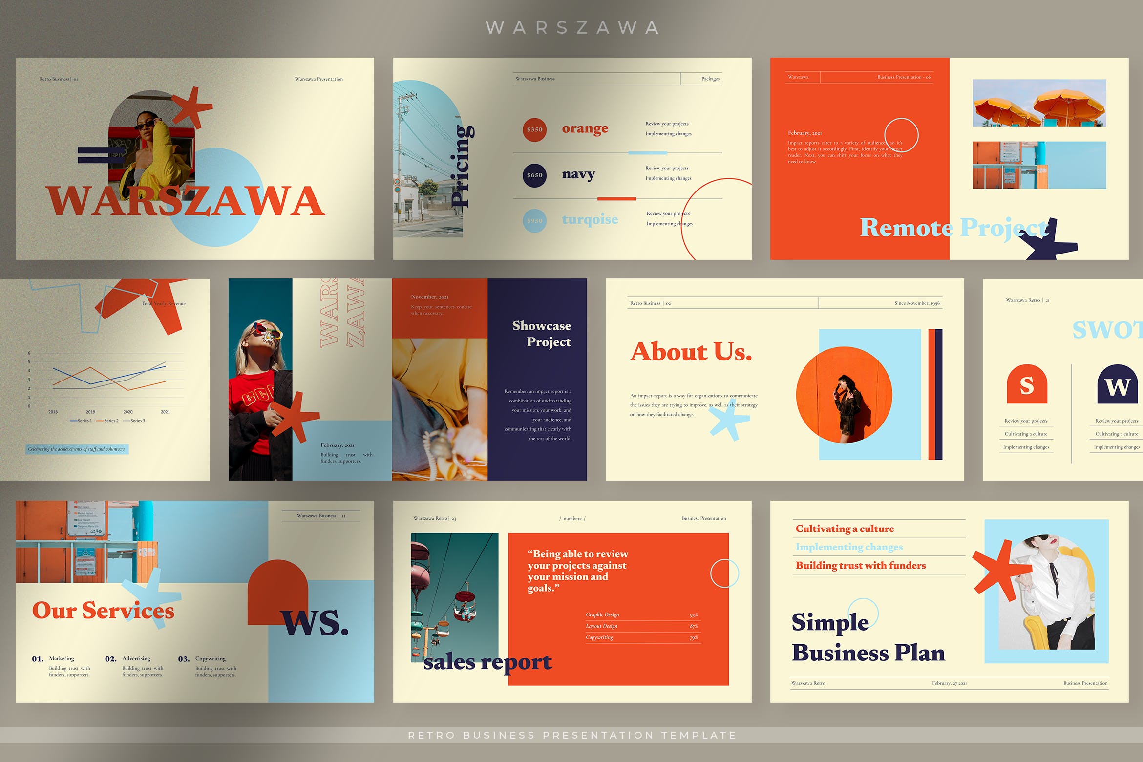 复古企业营销策划图文排版设计ppt模板 Warszawa – Bright Retro Business Presentation插图