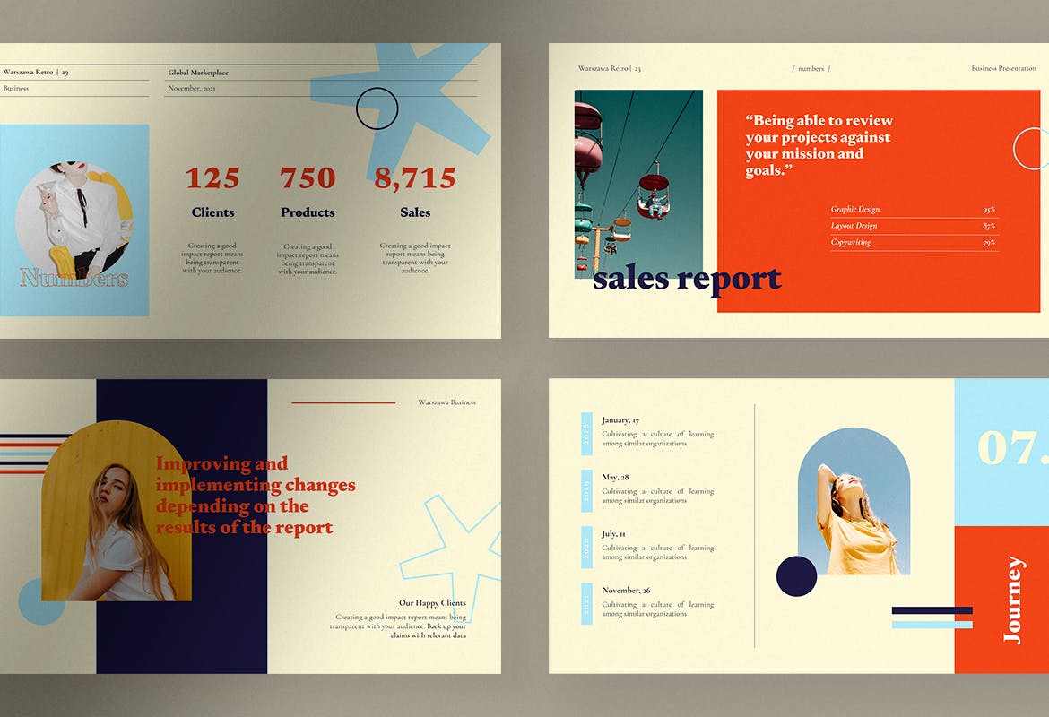 复古企业营销策划图文排版设计ppt模板 Warszawa – Bright Retro Business Presentation插图2
