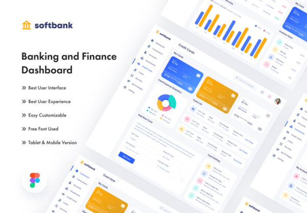 现代银行金融业务仪表盘界面设计UI套件 Soft Bank – Banking And Finance Dashboard