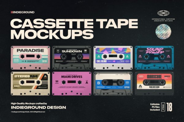炫酷复古盒式磁带标签包装盒设计PS贴图样机素材 Cassette Tape Mockups