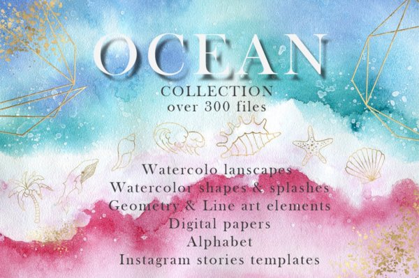 海蓝色手绘喷墨水彩花卉几何形状背景图片设计素材 Ocean Watercolor Collection