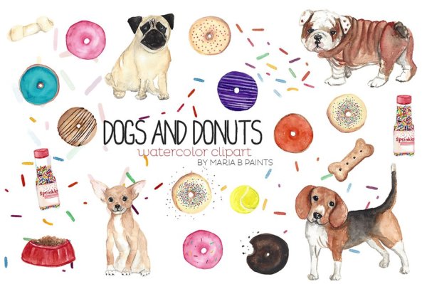 可爱色彩缤纷狗狗元素手绘水彩剪贴画图片素材 Watercolor Clip Art – Dogs n Donuts