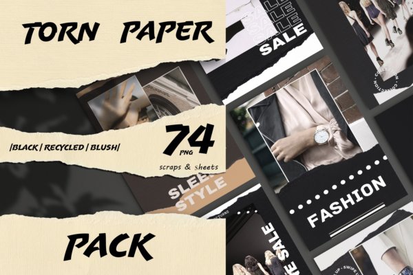 74个时尚毛边撕纸纸片新媒体海报设计背景图片合集 Craft Torn Paper Pack
