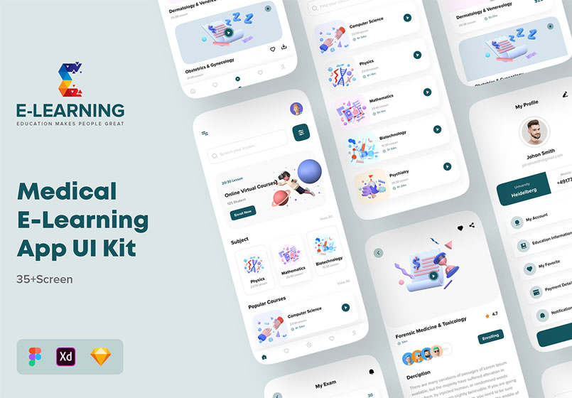 医学电子在线教育课程APP应用程序界面设计UI套件 Medical E-Learning Online Course App UI Kit插图