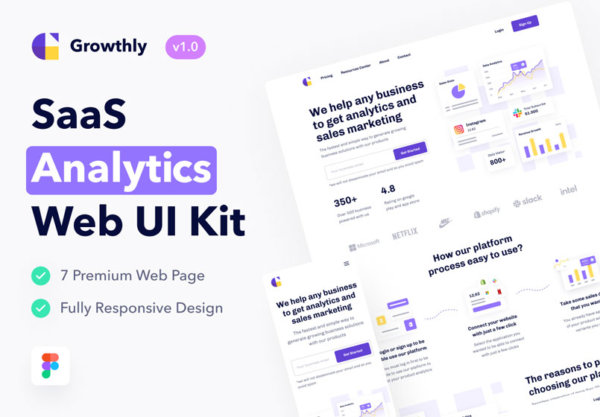 现代企业宣传网站界面设计UI套件素材 Growthly – SaaS Analytics & Sales Web UI Kit