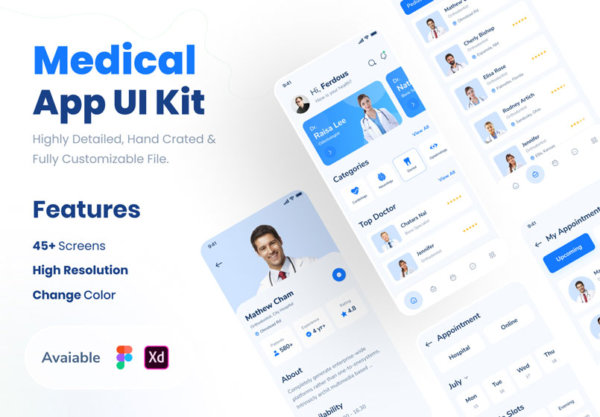 现代时尚医生预订挂号APP应用程序界面设计UI套件 MediTalk-Medical App UI Kit