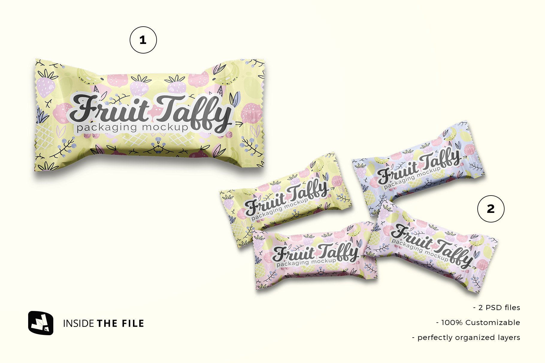 顶视图巧克力糖果塑料包装袋设计贴图样机模板 Top View Taffy Packaging Mockup插图2
