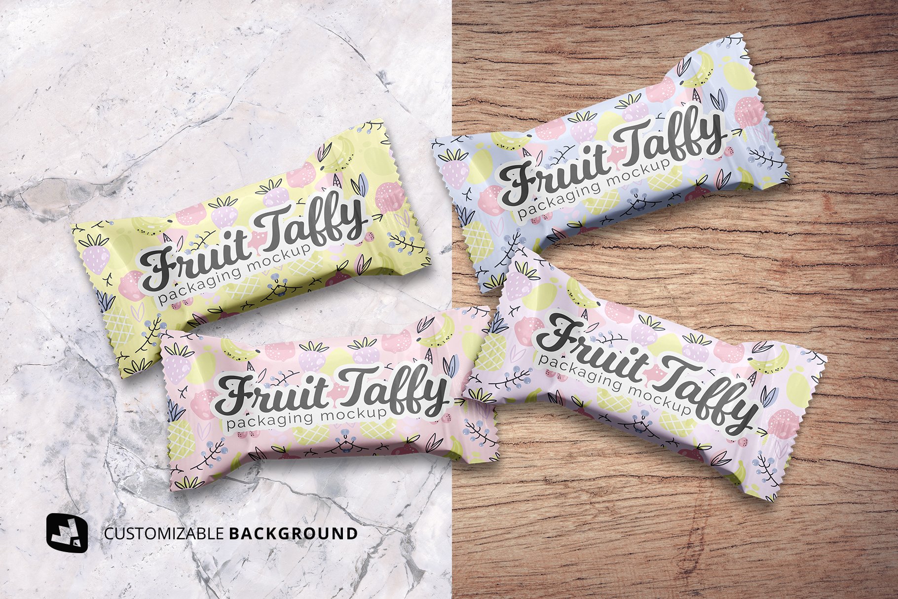 顶视图巧克力糖果塑料包装袋设计贴图样机模板 Top View Taffy Packaging Mockup插图3