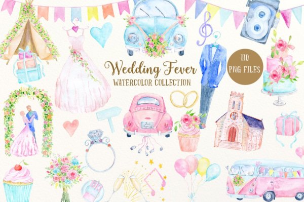 110款精美婚礼主题手绘水彩剪贴画PNG透明背景图片素材 Watercolor Collection Wedding Fever