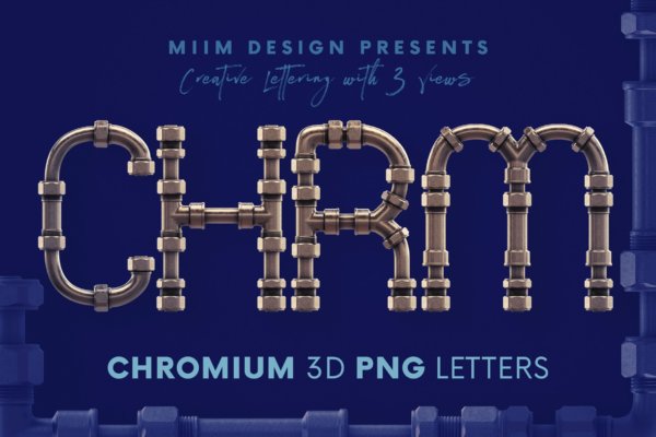 3D创意金属工业风水管铁管字母数字PNG透明背景图片 Chromium Pipes – 3D Lettering