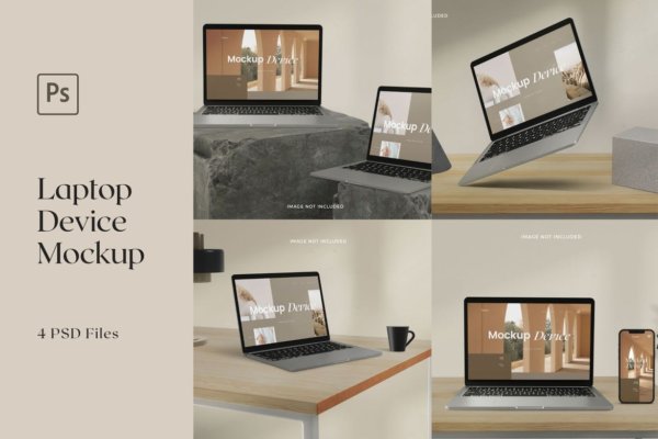 时尚苹果笔记本MacBook Pro屏幕演示样机素材 Laptop Mockup Realistic Device Scandinavian Style