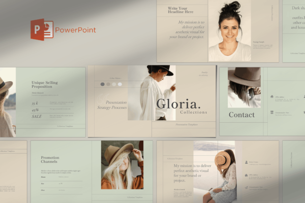 时尚优雅品牌营销策划提案简报设计ppt模板 Gloria. PowerPoint Templates