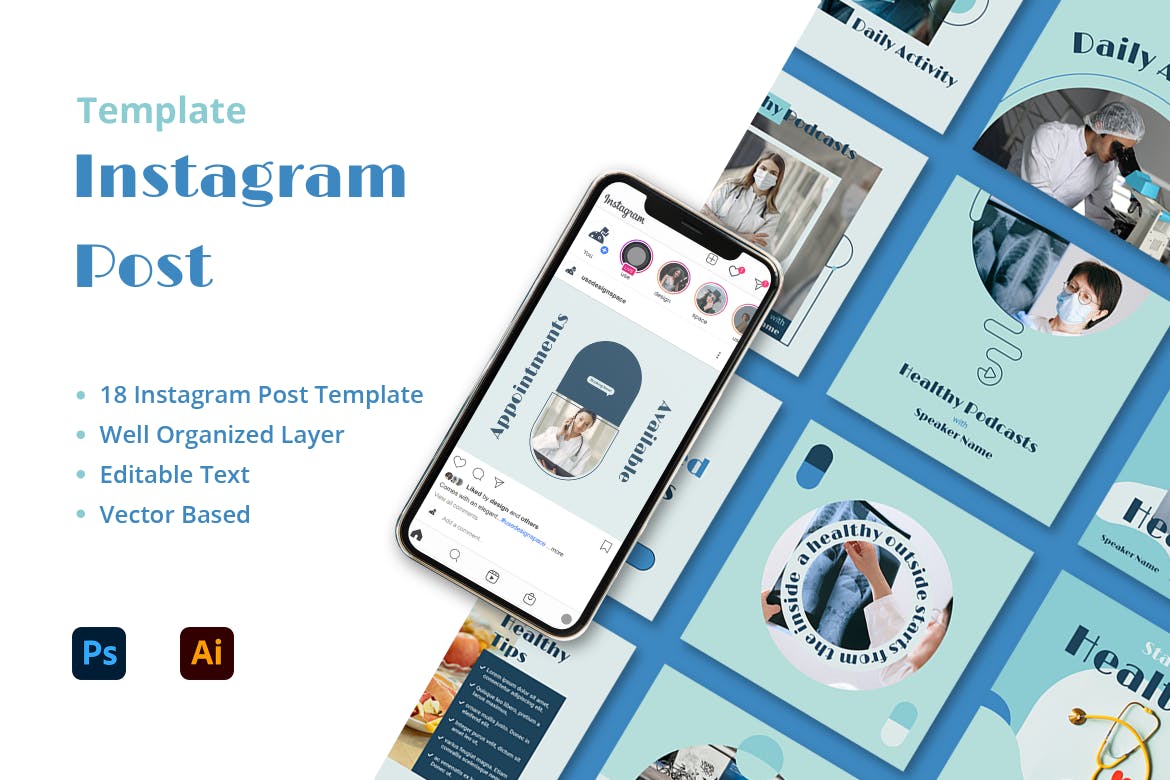 医疗健康品牌推广Ins风电商海报设计模板 Wellness Instagram Post Template插图