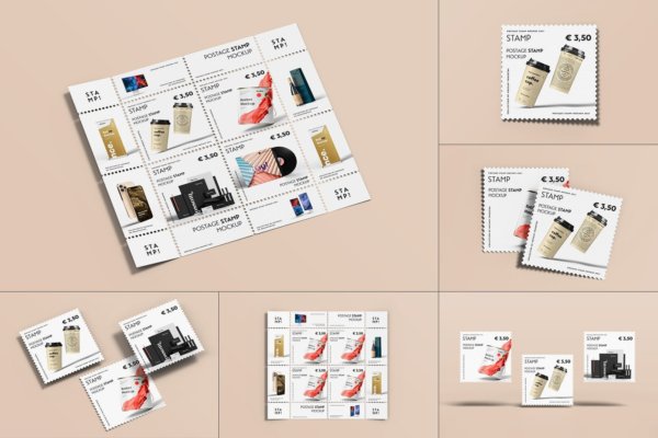 10个创意邮票设计演示Ps智能贴图样机模板 Postage Stamp Mockup