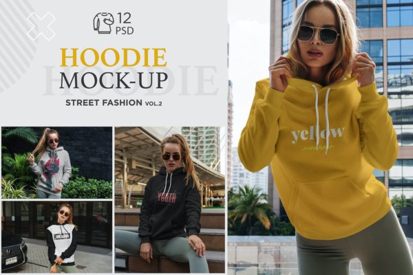 12个简约女士连衣帽卫衣印花图案设计Ps贴图样机模板 Hoodie Mock-Up Street Fashion vol.2