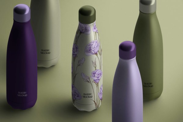 逼真等距不锈钢保温水杯设计Ps智能贴图样机模板 Isometric Thermo Bottle mockup