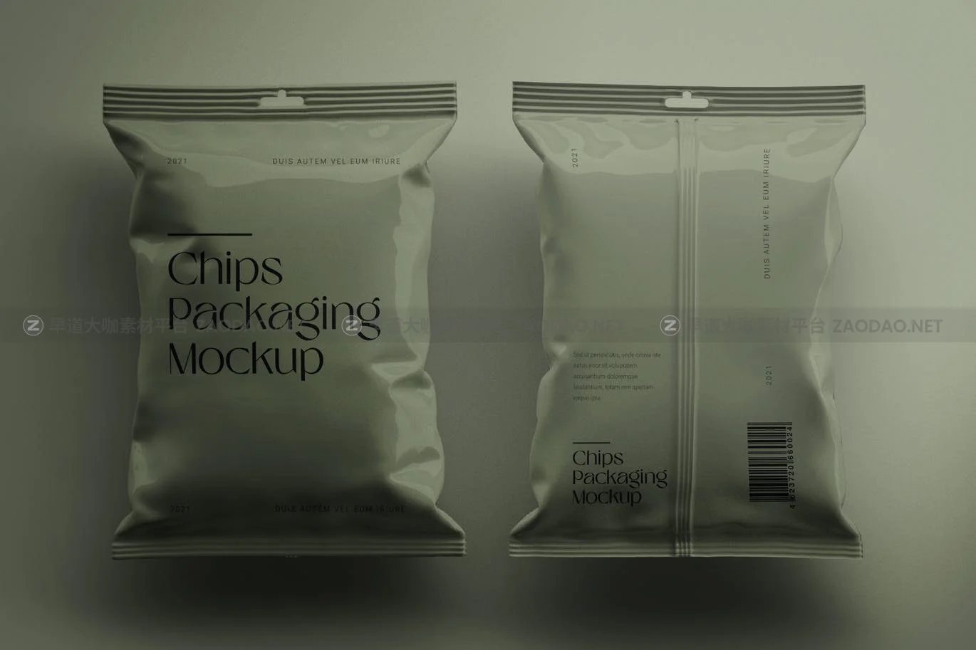 等距食品悬挂塑料袋设计样机素材 Isometric Chips Packet Packaging Mockup插图
