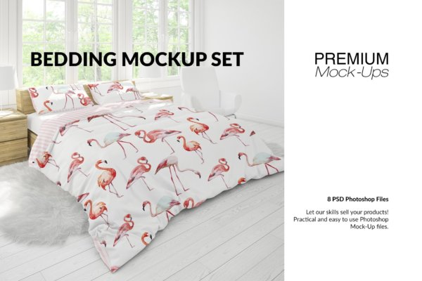 8个床上用品被罩四件套设计Ps贴图样机模板 Bedding Mockups Set