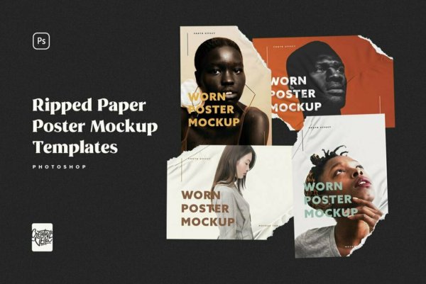 逼真做旧撕纸海报传单设计Ps智能贴图样机套装 Ripped Paper Poster Mockup Set