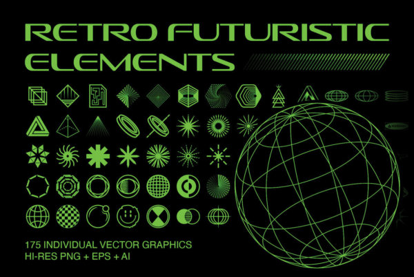 175款未来科幻机能赛博朋克抽象艺术酸性几何图形图案ai设计素材 Retro Futuristic Elements