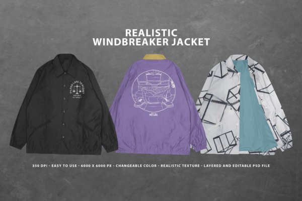 高质量逼真嘻哈风衣夹克外套设计Ps智能贴图样机模板 Realistic Windbreaker Jacket