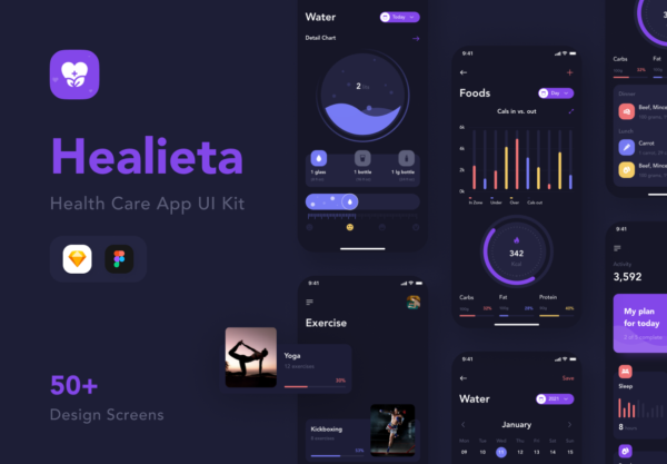 暗黑医疗保健应用程序APP UI界面设计套件 Healieta – Health Care Mobile App UI Kit