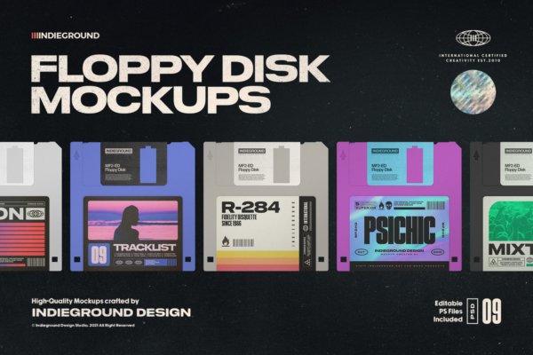 超酷复古电脑软盘储存盘Disk标签设计Ps智能贴图样机模板 Floppy Disk Mockups