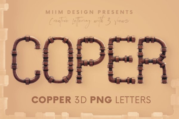 高品质3D创意金属铜管PNG免扣字母数字图片设计素材 Copper Pipes – 3D Lettering