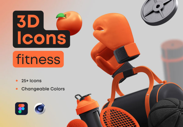 高品质体育运动健身锻炼3D图标设计素材 3D Icons Pack – Fitness