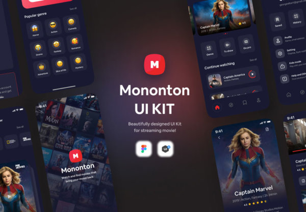 现代简约电影在线观看移动应用程序界面设计UI套件 Mononton UI KIT