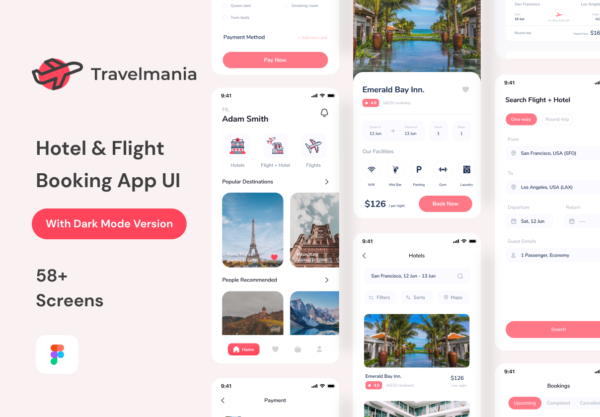 极简酒店航班机票预订应用程序设计APP UI套件 Travelmania – Hotel & Flight Booking App