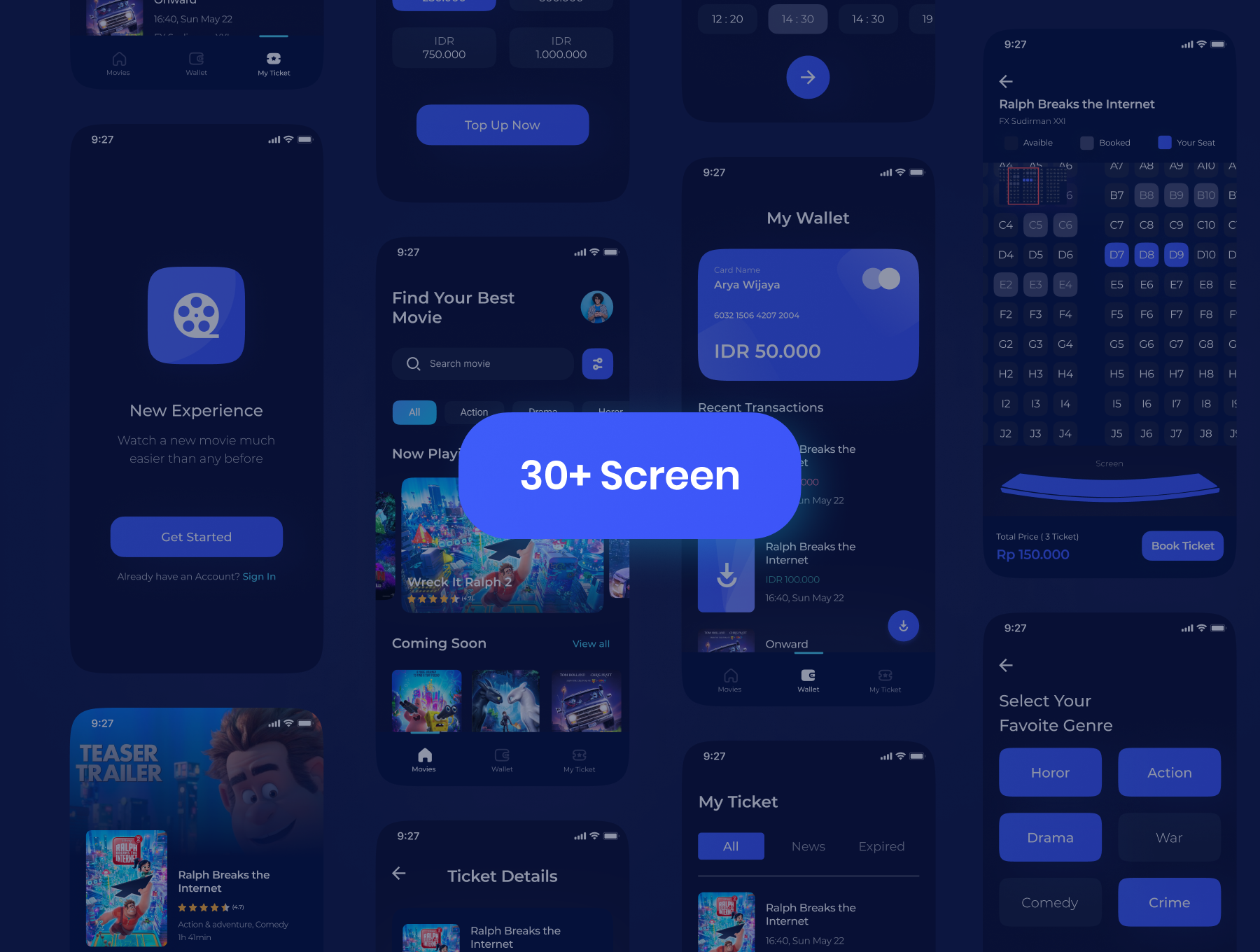 现代暗黑电影订票在线购买app应用程序界面设计套件movea–movie