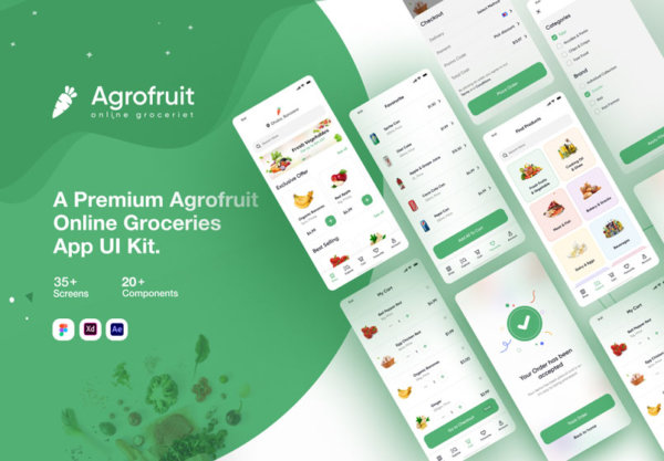 现代时尚水果蔬菜在线购买商城APP界面设计套件Agrofruit Groceries App UI Kit
