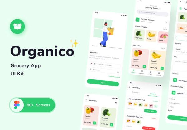 精美食品水果外卖APP应用程序界面设计UI套件 Organico Grocery App UI KIT