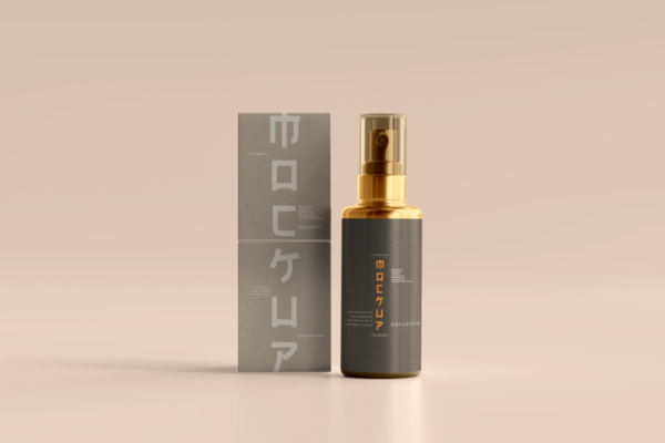 化妆品喷雾瓶包装纸盒设计PSD样机模板 Cosmetic Spray Bottle And Box Mockup