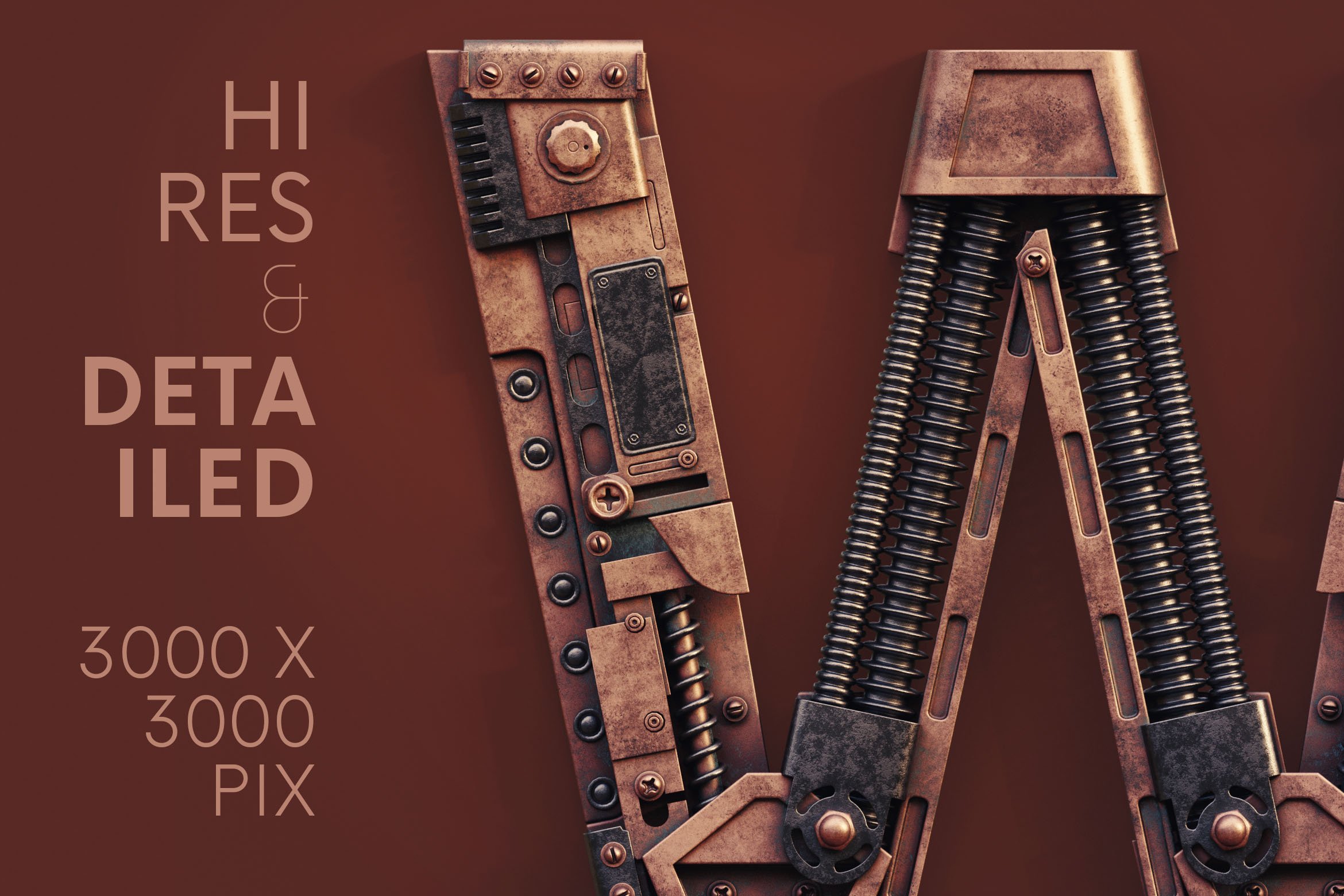 3D创意复古蒸汽朋克风字母数字PNG免扣图片素材 Steampunk – 3D Lettering插图1