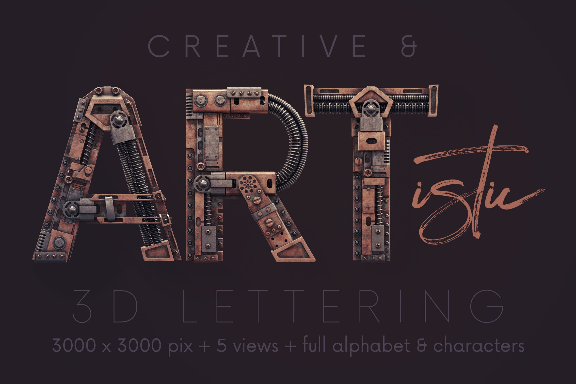 3D创意复古蒸汽朋克风字母数字PNG免扣图片素材 Steampunk – 3D Lettering插图4