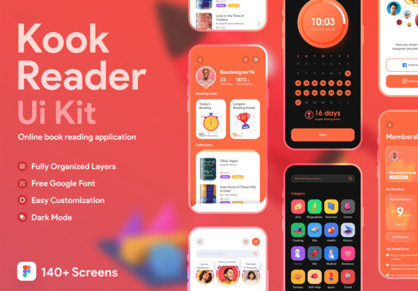 高级电子书阅读应用程序APP UI套件素材 Kook Reader UI Kit