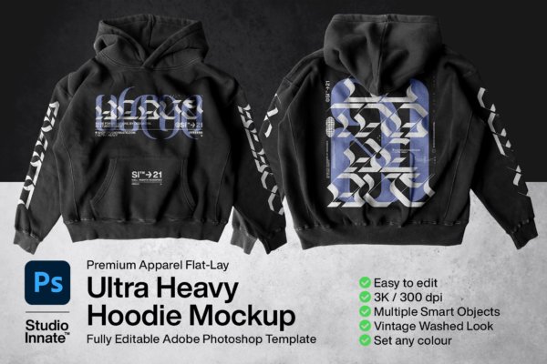 潮流街头嘻哈加厚连衣帽卫衣印花图案设计PSD样机模板 Ultra Heavy Hoodie Mockup