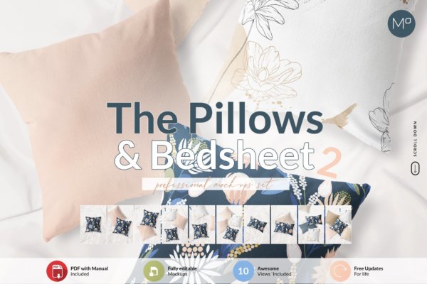 10种不同角度枕头抱枕枕套设计贴图样机素材 The Pillows & Bedsheet 2 Mock-ups