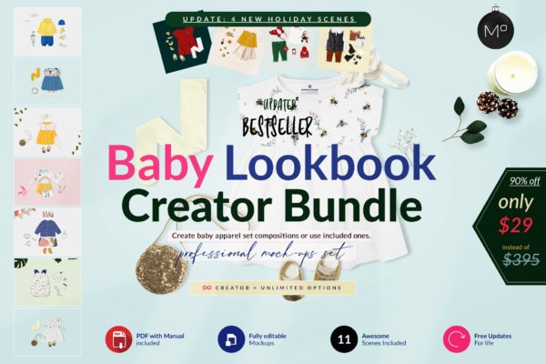 超级婴儿T恤贸易裤子连身衣服饰设计Ps智能贴图样机套装 Baby Lookbook Mockup Creator Bundle